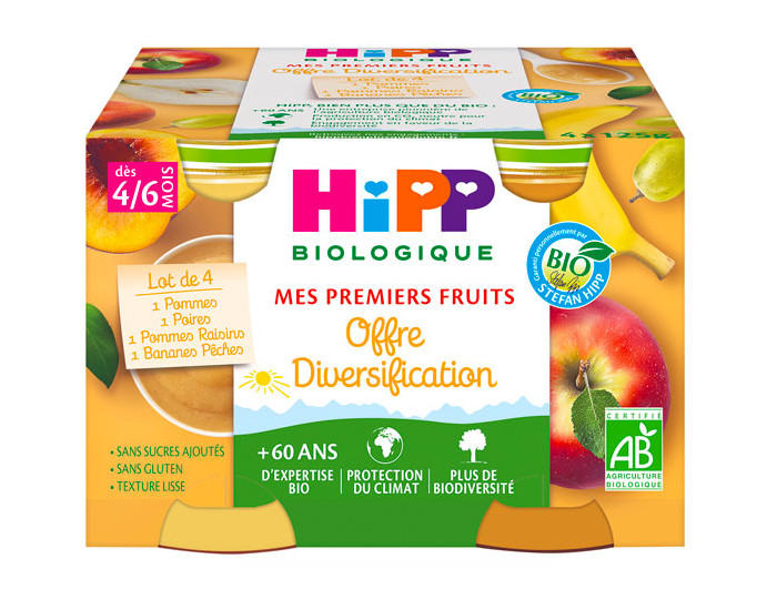 HIPP Mes Premiers Fruits - Pack Diversification - 4 x 125 g Pomme Poire Banane-Pche Pomme-Raisin