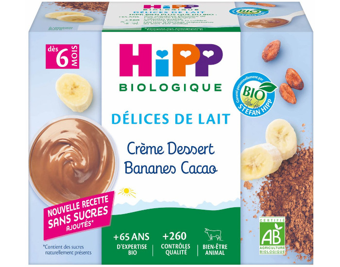 HIPP Dlices de Lait Crme Dessert Bananes Cacao - Ds 6 mois - 4 x 100g Cacao