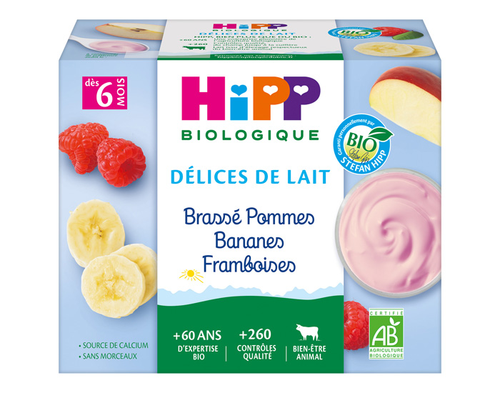 HIPP Dlices de Lait Brasss - 4x100g - Ds 6 mois Pommes Bananes Framboises