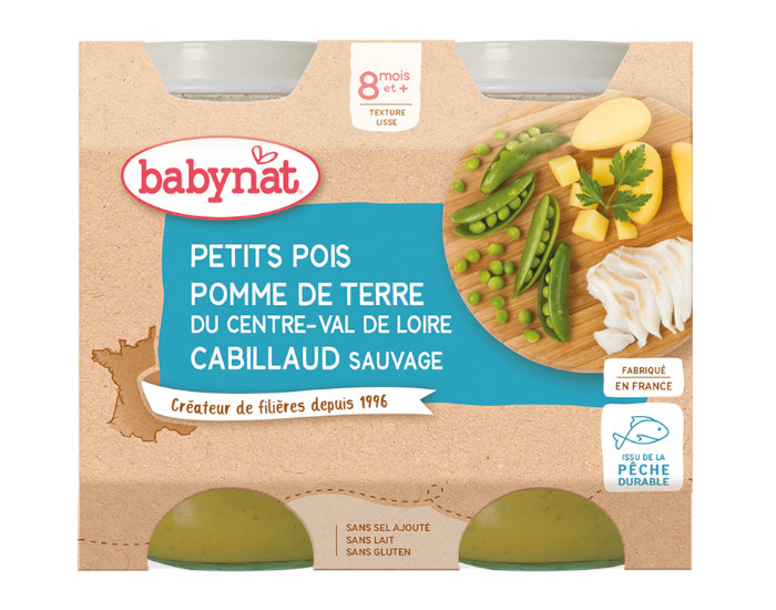 BABYNAT Menu du Jour - 2 x 200g - Ds 8 mois - Petits Pois, PDT & Cabillaud