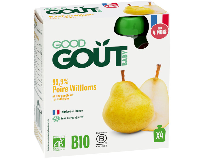 GOOD GOUT Pack de 4 Gourdes de Fruit 85 g pour Bb - Poire Williams - Ds 4 mois