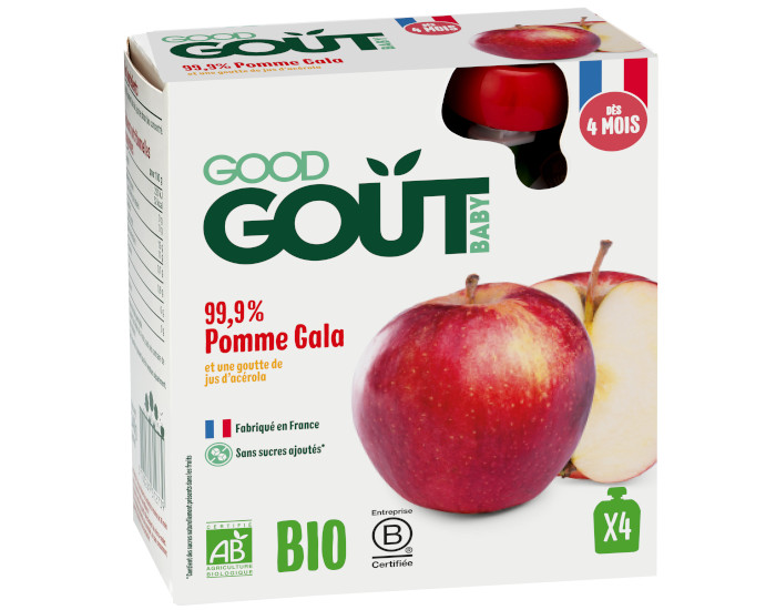 GOOD GOUT Pack de 4 Gourdes de Fruit 85 g pour Bb - Pomme Gala - Ds 4 mois 