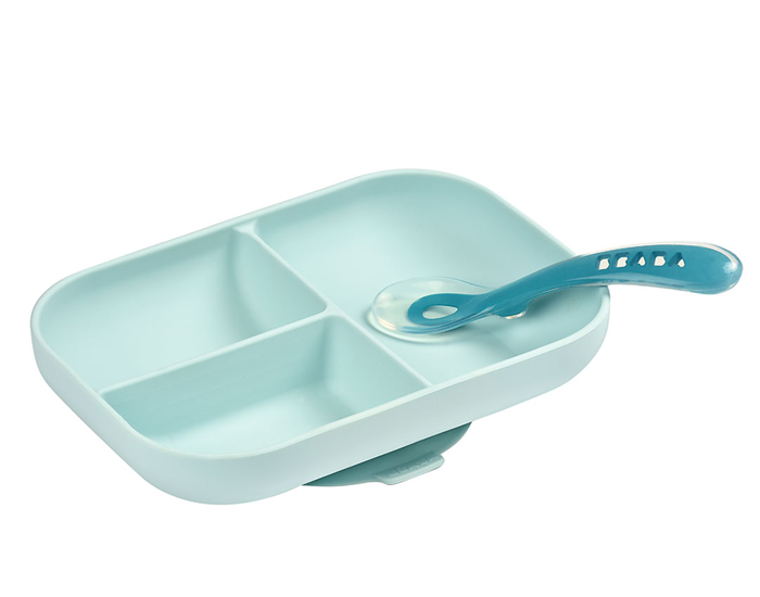 BEABA Set Repas Silicone Assiette Compartimente et Cuillre - Bleu