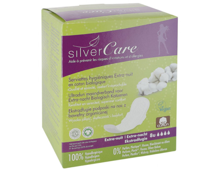 SILVERCARE Serviettes Hyginique Extra Nuit en Coton Bio - Boite de 8