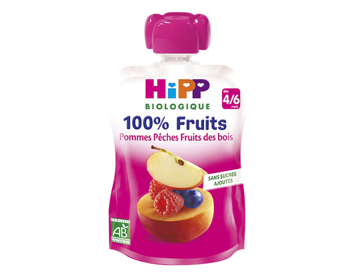 HIPP Gourde 100% Fruits - Ds 4 Mois - 90g Pomme Pche Fruits des Bois