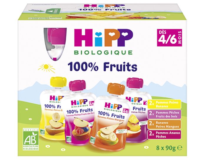 HIPP Gourdes 100% Fruits Multipack 4 Varits - 8 x 90g - Ds 4-6 mois