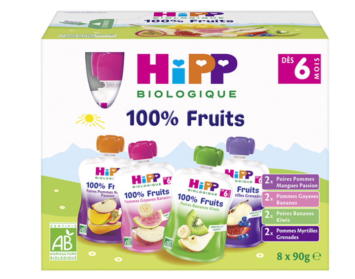 HIPP Gourdes 100% Fruits Multipack 4 Varits - 8 x 90g - Ds 6 mois 