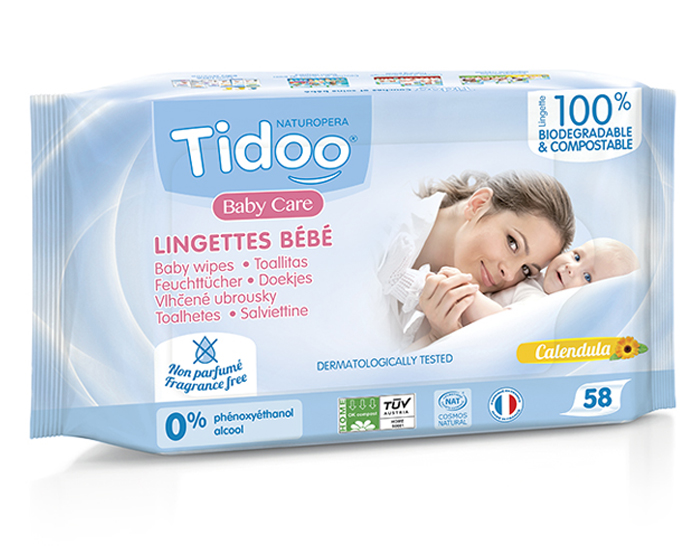 TIDOO Lingettes Bb Bio Compostables Sans Parfum au Calendula Bio - 58 Lingettes