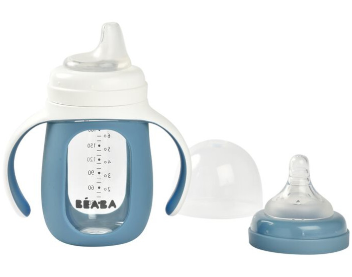 BEABA Biberon d'Apprentissage en Verre avec Housse Silicone Blue - Ds 18 mois - 210ml