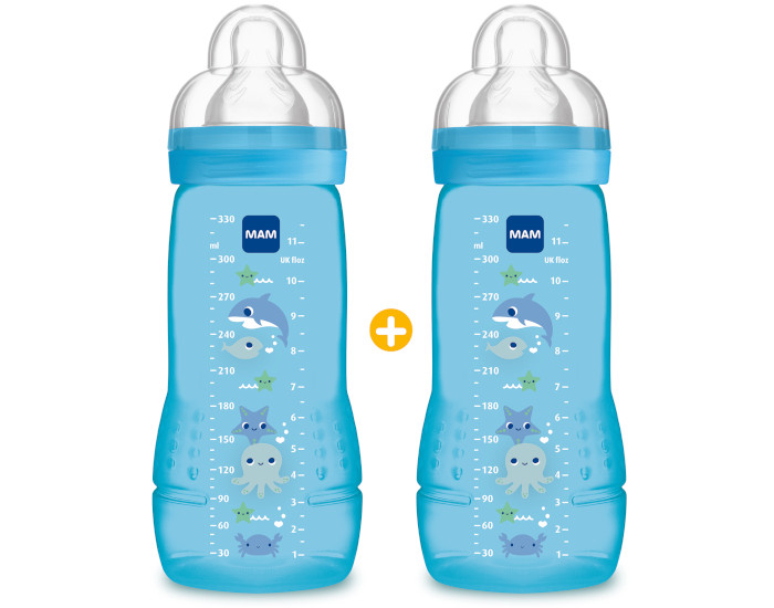 MAM Lot de 2 Biberons Easy Active Bleu - 330 ml - Ds 6 mois