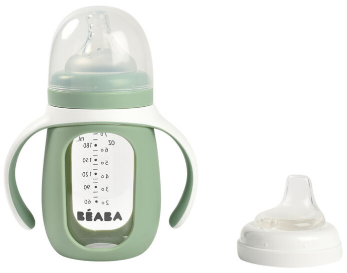 BEABA Biberon d'Apprentissage en Verre avec Housse Silicone - Vert Sauge - Ds 18 mois - 210 ml