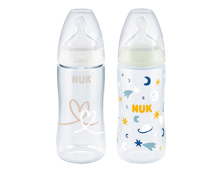 NUK Lot de 2 Biberons First Choice+ en Verre Temperature Control Jour/Nuit 300ml - Ttine Silicone M