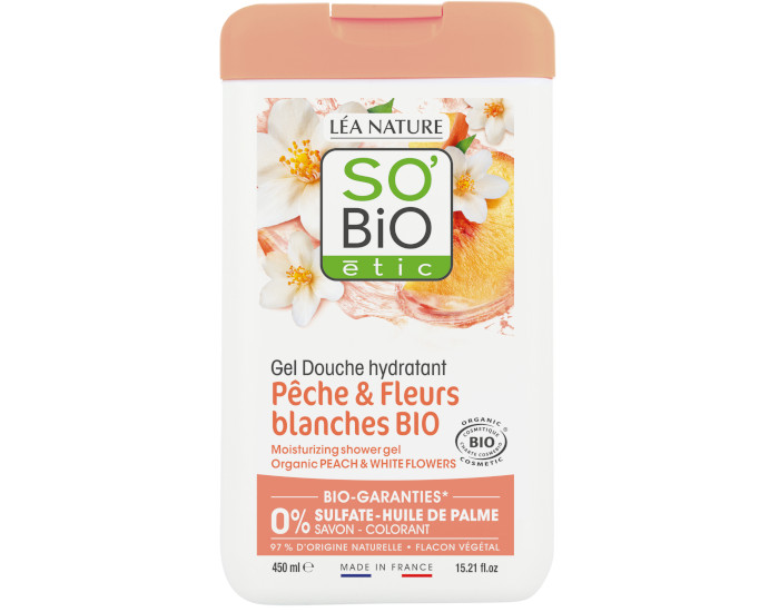 SO'BIO TIC Gel Douche Hydratant - Pche et Fleurs Blanches Bio - 450 ml