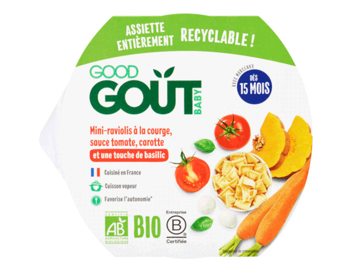 GOOD GOUT Petit Plat pour Bb 190g - Mini-Raviolis  la Courge, Sauce Tomate, Carotte - Ds 15 mois