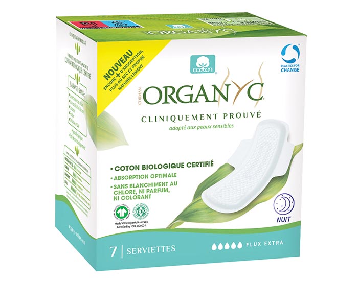 ORGANYC Serviettes Extra Nuit Super  Ailettes - Boite de 10