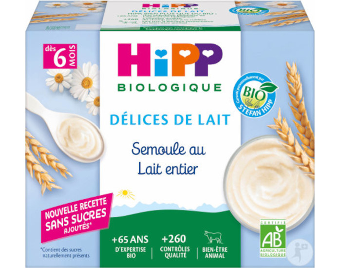 HIPP Semoule au Lait entier Coupelles - 4 x 100g Vanille - Ds 6 mois