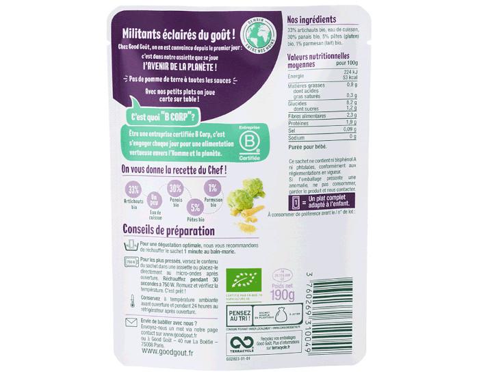 GOOD GOUT Petit Plat pour Bb 190 g - Artichauts-Panais-Ptes Parmesan - Ds 6 mois (1)