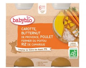 BABYBIO Petits Pots Menu du Jour - 2 x 200g - Ds 6 Mois Carotte Butternut Poulet Riz