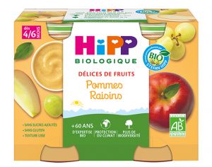 HIPP Dlices de Fruits - 2 x 190g Pommes - Raisins AA - 4 M