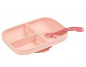 BEABA Set Repas Silicone Assiette Compartimente et Cuillre - Rose