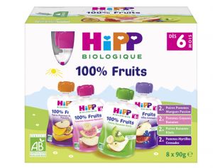 HIPP Gourdes 100% Fruits Multipack 4 Varits - 8 x 90g - Ds 6 mois 