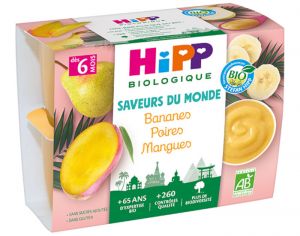 HIPP Coupelles Fruits Saveur du Monde - 4 x 100 g - Ds 6 mois Bananes Poires Mangues