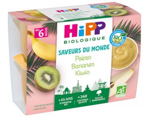 HIPP Coupelles Fruits Saveur du Monde - 4 x 100 g - Ds 6 mois Poires Bananes Kiwis