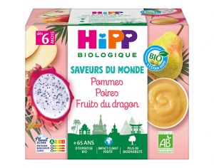 HIPP Coupelles Fruits Saveur du Monde - 4 x 100 g - Ds 6 mois Pommes Poires Fruits du Dragon