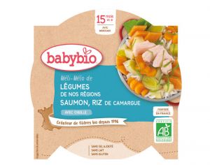 BABYBIO Mon p'tit Plat Assiette - 230 g ou 260 g Mli-Mlo de Lgumes au Saumon - Riz - 15 M