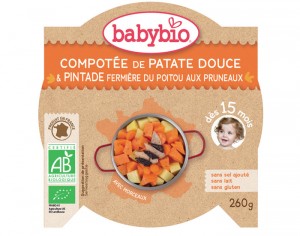 BABYBIO Mon p'tit Plat Assiette - 230 g ou 260 g Patate Douce Pintade Fermire aux Pruneaux  - 15 M