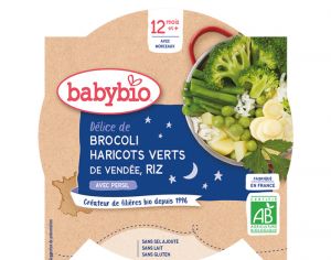 BABYBIO Assiette Bonne Nuit - 260 g Brocoli, Haricots Verts du Val de Loire et Riz - 12 M