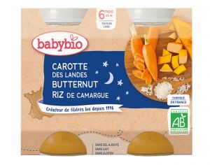 BABYBIO Petits Pots Bonne Nuit - 2x200g - Ds 6 mois Carotte des Landes, Butternut & Riz de Camargue - 6 M