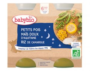 BABYBIO Petits Pots Bonne Nuit - 2x200g - Ds 6 mois Petits Pois & Mas doux d'Aquitaine - Riz - 6 M