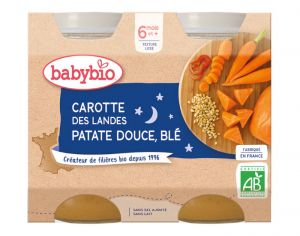 BABYBIO Petits Pots Bonne Nuit - 2x200g - Ds 6 mois Carotte des Landes, Patate Douce & Bl - 6 M