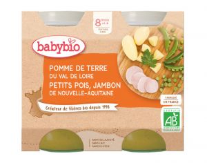 BABYBIO Petits Pots Menu du Jour - 2x200g - Ds 8 mois PDT, Petits Pois & Jambon des Pays de Loire - 8 mois