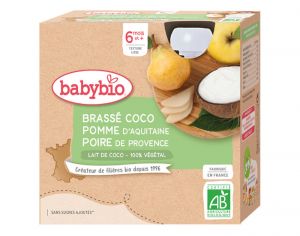 BABYBIO Gourde Brass Vgtal - 4x85 g - Ds 6 mois Lait de Coco Pomme d'Aquitaine Poire