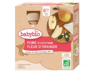 BABYBIO Gourdes - 4x90g - Ds 6 mois Poire - Fleur d'Oranger