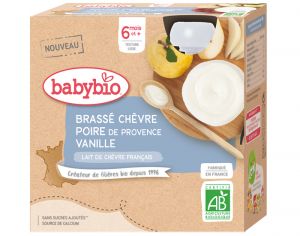 BABYBIO Gourde Brass de Chvre - Ds 6 mois - 4 x 85 g Poire de Provence Vanille - 6 mois